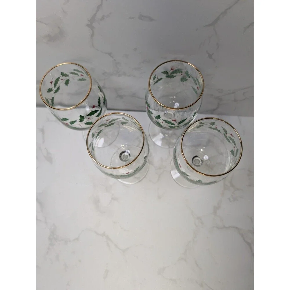 Lenox Holiday Dimension Holly Berry 10 Oz Goblets Set of 4 Thick Gold Band